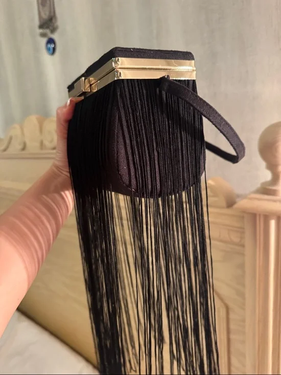 Black Fringe Evening Bag with Gold Accent - Picture 3 of 6